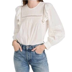 Madewell Women's Ivory Cotton Pintuck Ruffle Peasant Boho Top